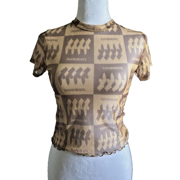 INAMORATA MESH PRINT SHEER BROWNS Shirt COVERUP Bambi Baby Tee - Picture 1 of 10